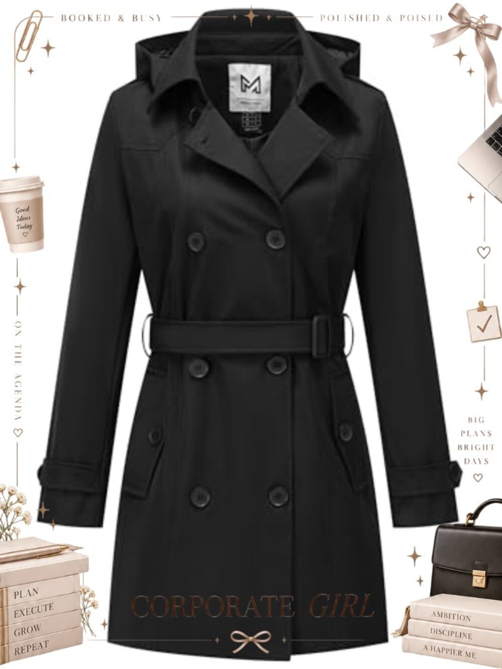 Women's Double-Breasted Trench Coat Belted Windproof Mid-Length Jacket